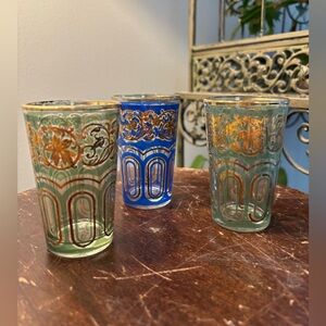 VTG Moroccan gold filigree FATH tea shot glasses two 3 pc lot two green one blue